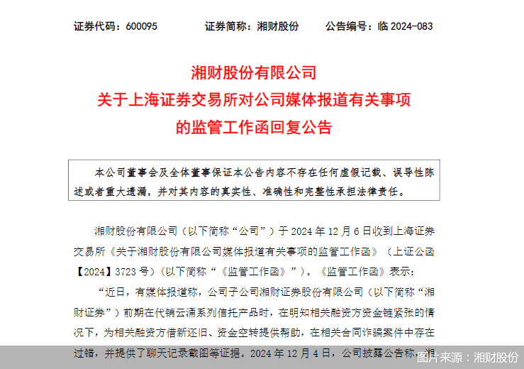 湘财股份回复监管工作函：不存在与相关方签署阴阳合同、为违法行为提供协助等违规情况